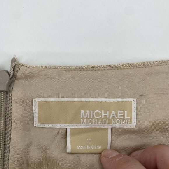 MICHAEL KORS SIZE 10 LINEN BLEND GOLD BEIGE  MINI SKIRT METALLIC ACCENTS - Picture 3 of 10